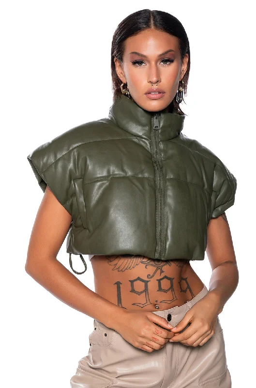 ULTRA CROP PU VEST WITH PULL STRINGS IN OLIVE