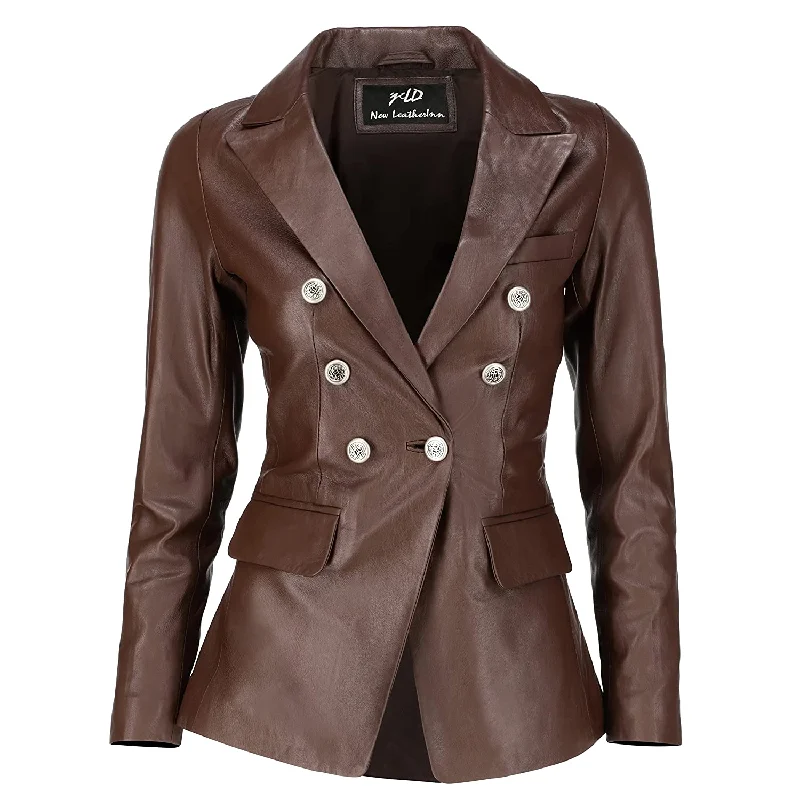 Women's Kim Kardashian Double Breasted Brown Leather Blazer