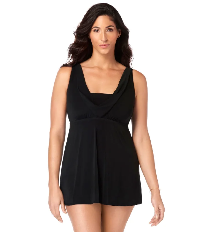 Longitude Little Black Dress Cowl Neck Long Torso Swim Dress Black